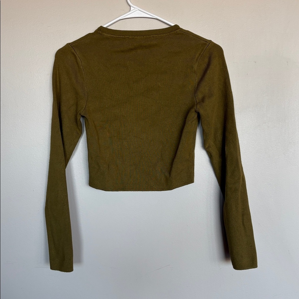 ZARA Olive Green Long Sleeve Cropped Knit Top Size M - Picture 4 of 7